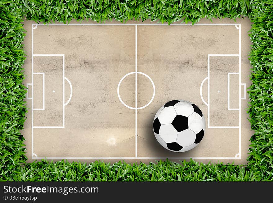 Soccer field pattern and football in green grass frame