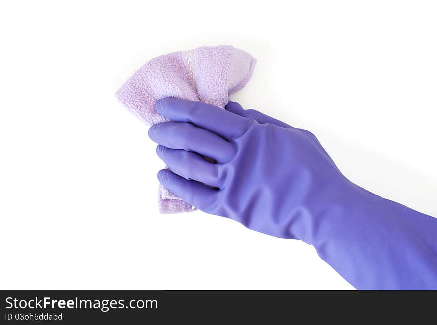 Hand in glove with sponge on white background