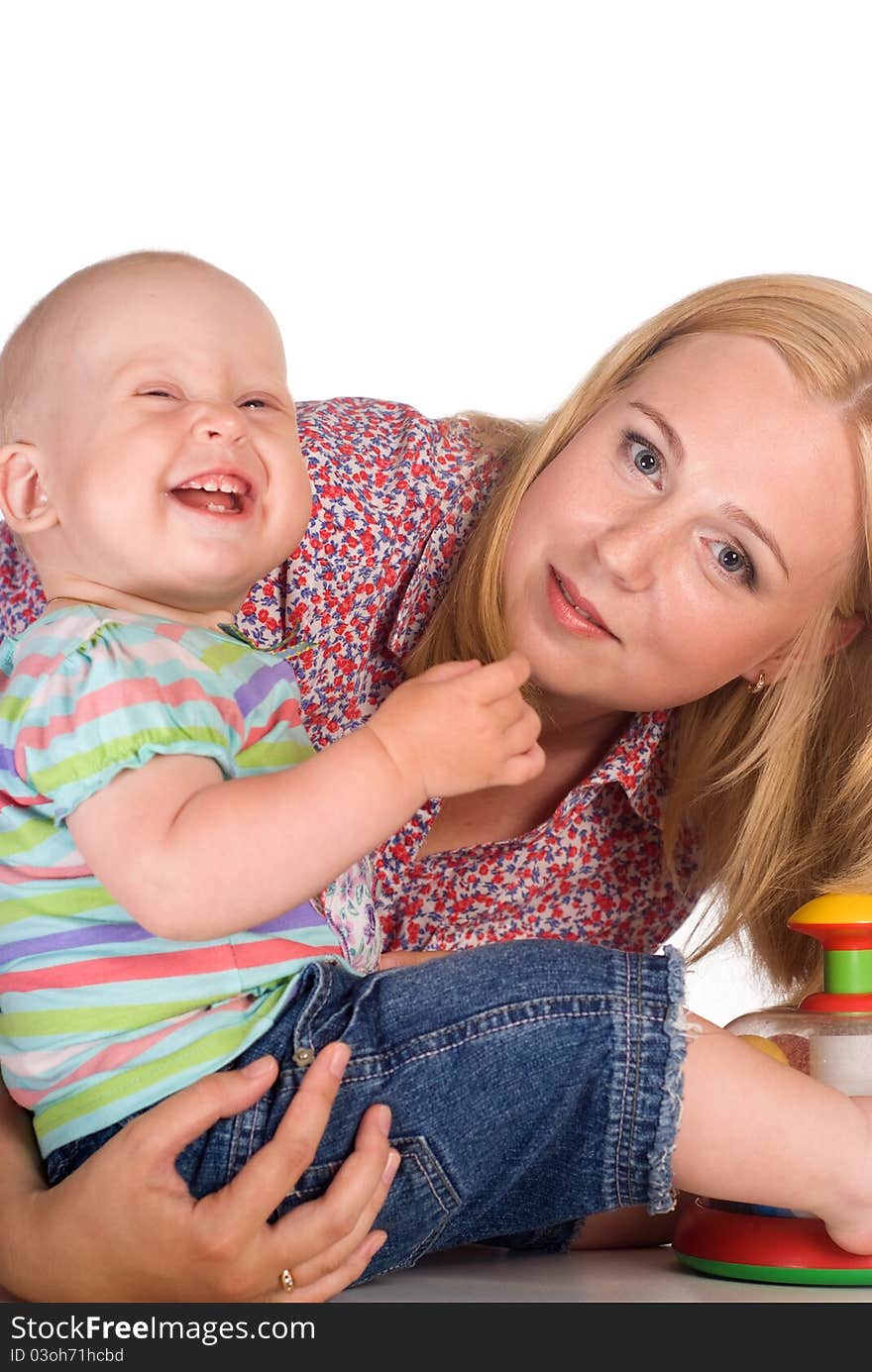 Cute mom with daughter on a white. Cute mom with daughter on a white