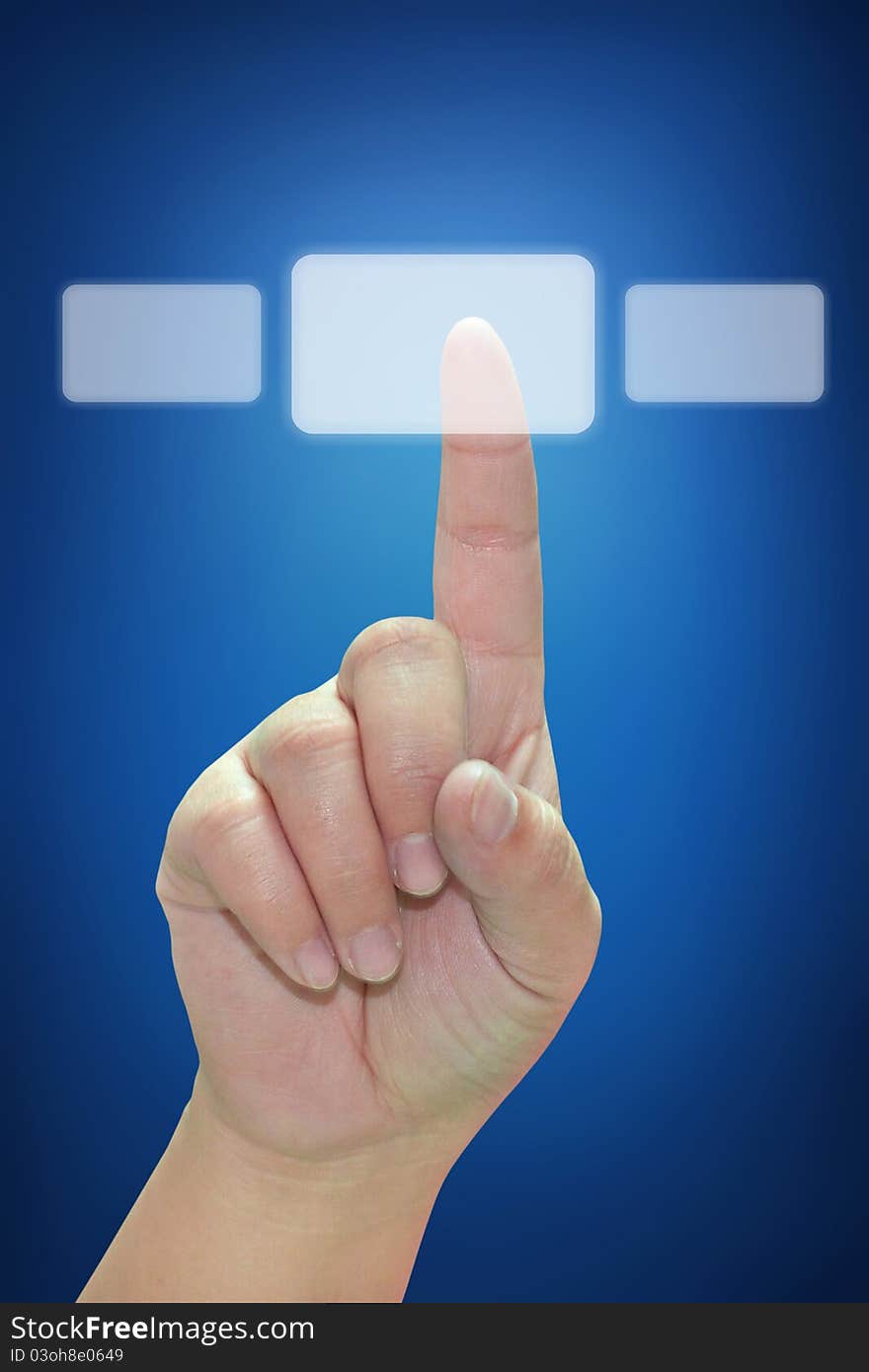 Hand pushing touchscreen button on blue