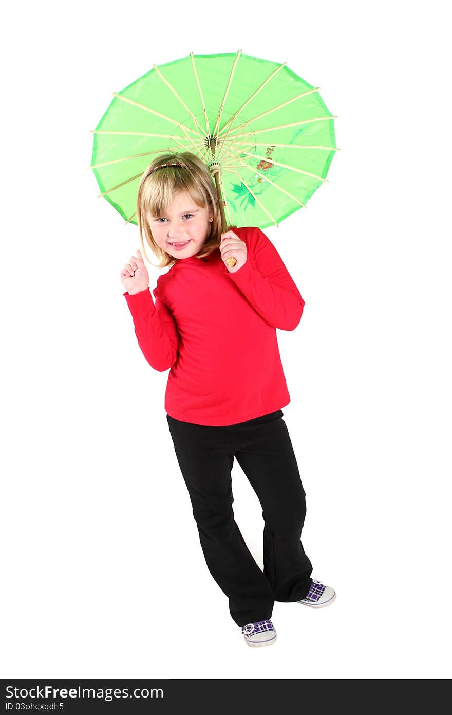 Little girl in a red shirt holding a green oriental umbrella. Little girl in a red shirt holding a green oriental umbrella