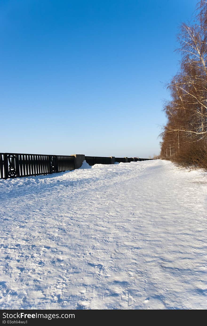 Winter landscape with blue sky and footpath. Winter landscape with blue sky and footpath