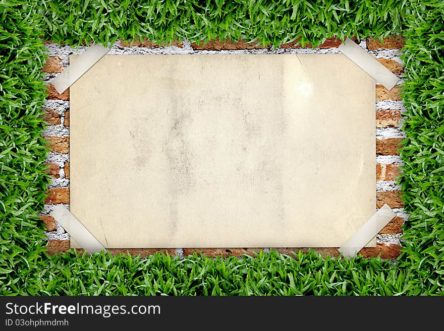 Old poster in green grass frame. Old poster in green grass frame