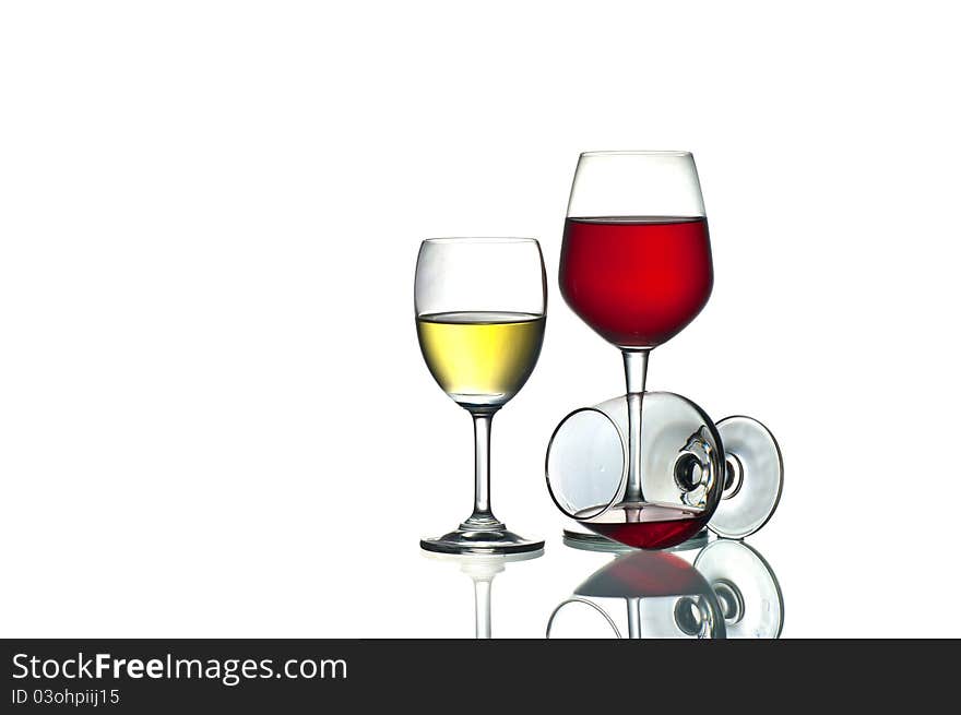 white and red wine isolated on white,