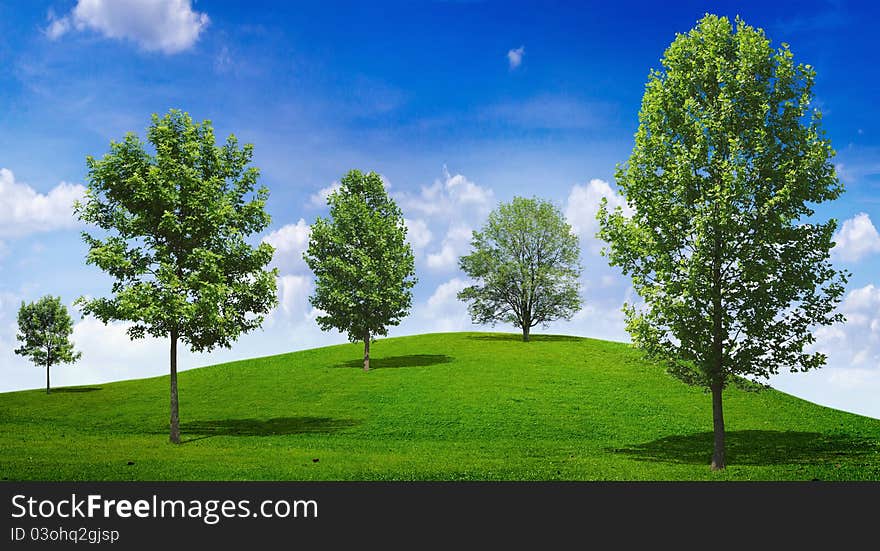 Abstract tree in green meadow