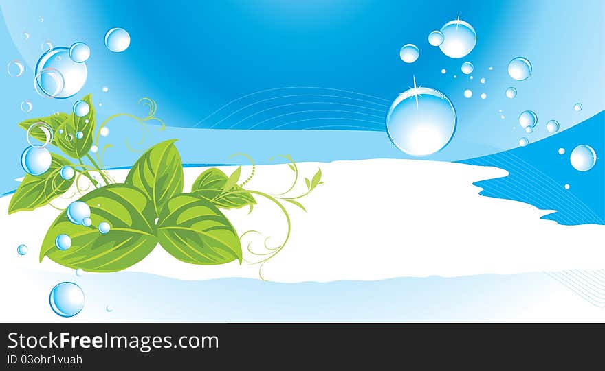 Drops and sprigs on the abstract blue background. Banner. Illustration