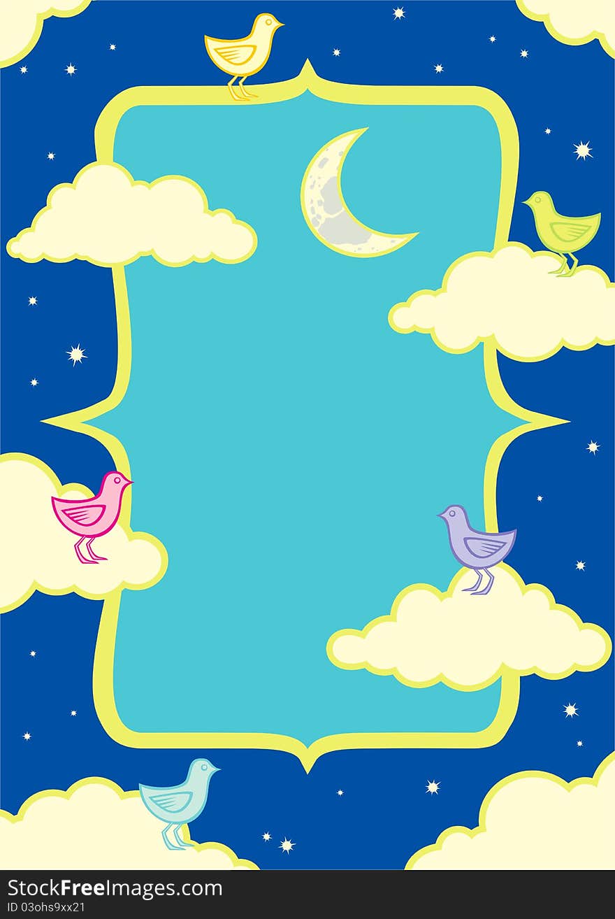 Illustration of birds in the clouds at night under the moon