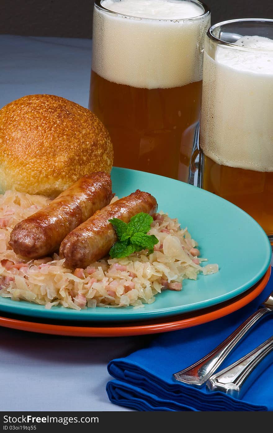 Sausages with sauerkraut and beer. Sausages with sauerkraut and beer