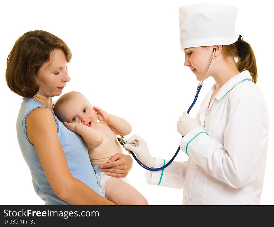 Doctor with a baby on a white background.