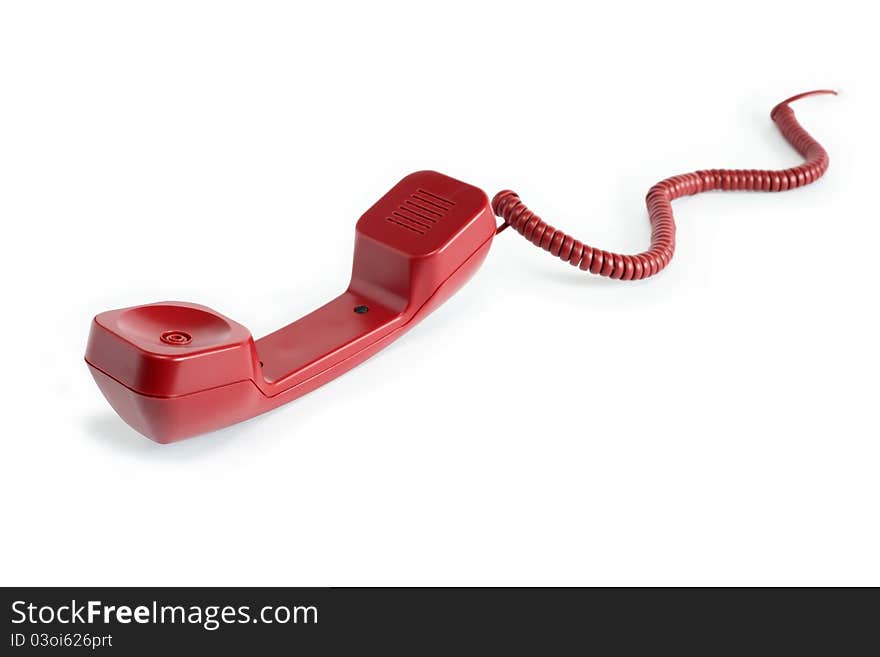 Unhooking red telephone receiver with cable on white background. Unhooking red telephone receiver with cable on white background