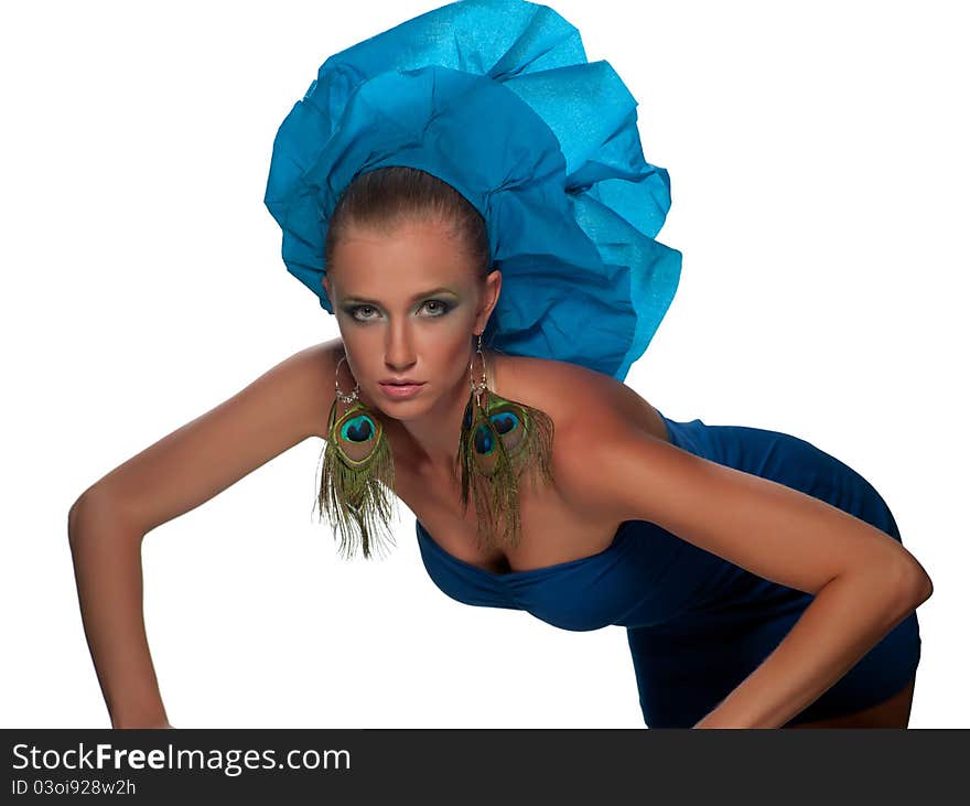 Woman in a blue dress on the isolated background