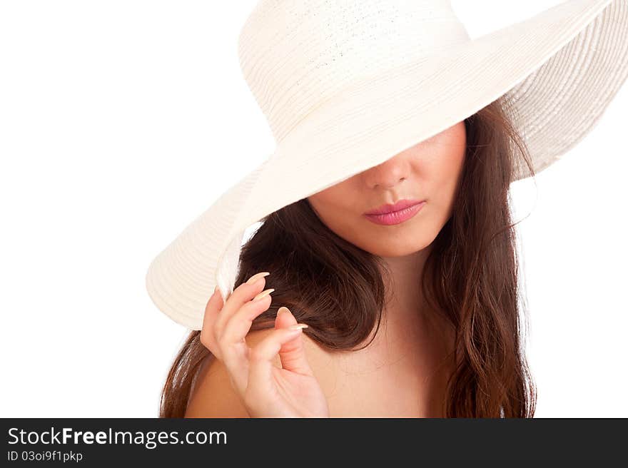 Woman in a white hat on the isolated background