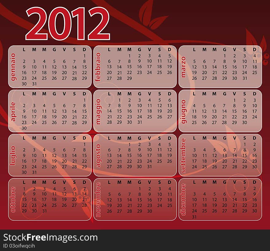 2012 red calendar with red floral decoration