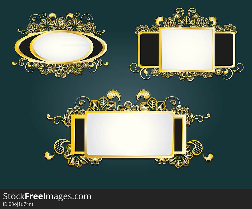 Gold frame set black background, vector illustration