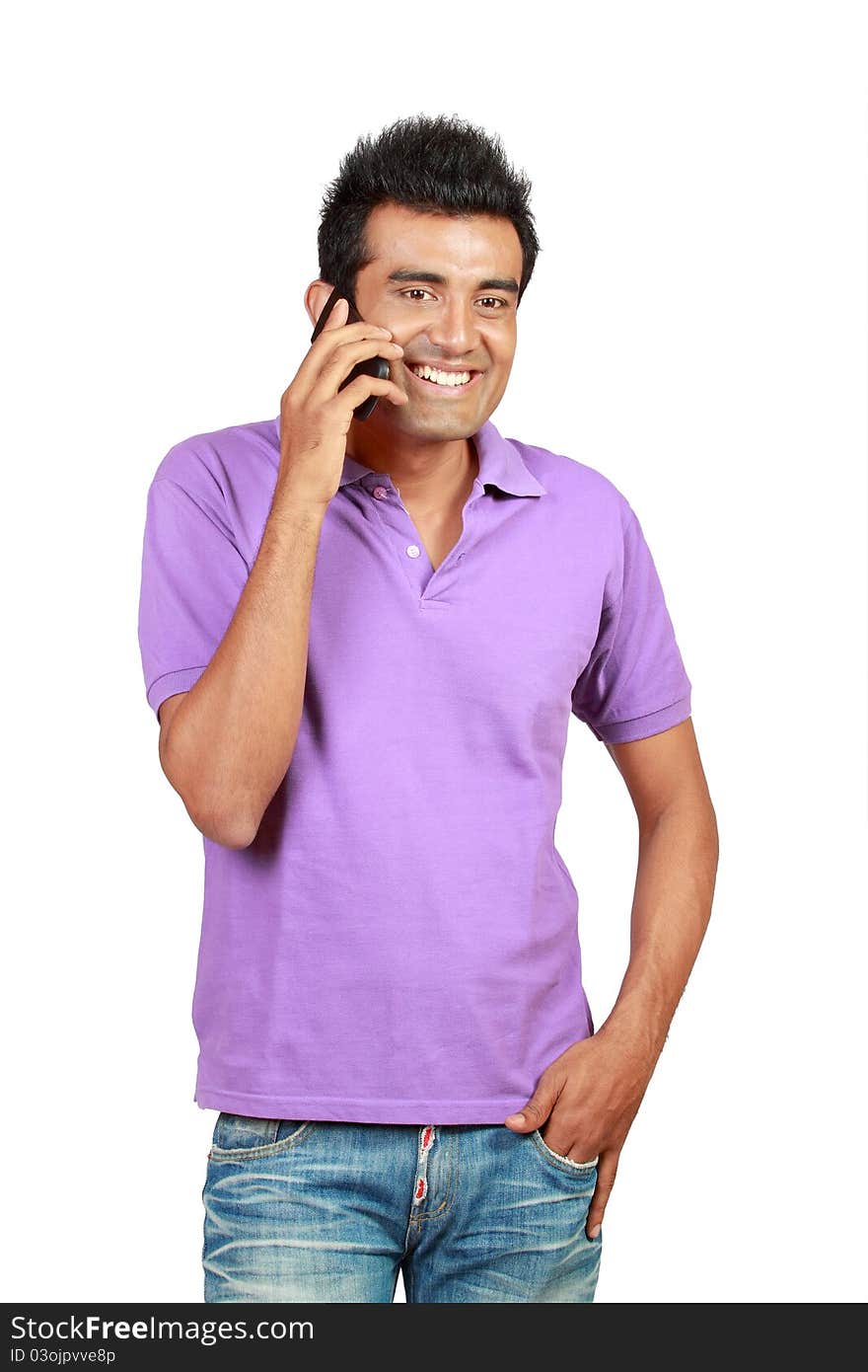 Asian man smiling using a mobile phone