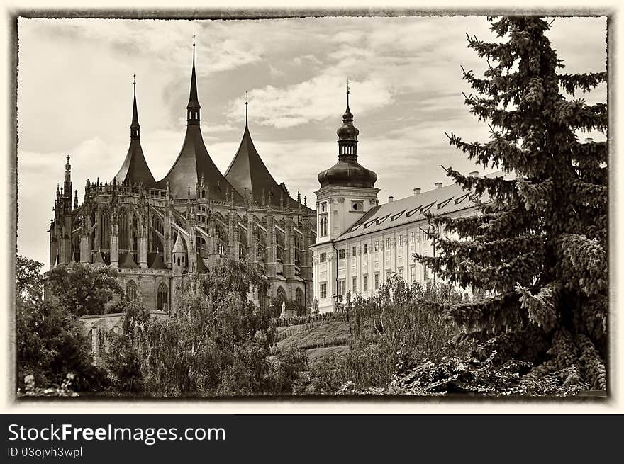 View of Kutna Hora with Saint Barbara Church that is a UNESCO world heritage site, Czech Republic. Retro postcard b&w sepia style.