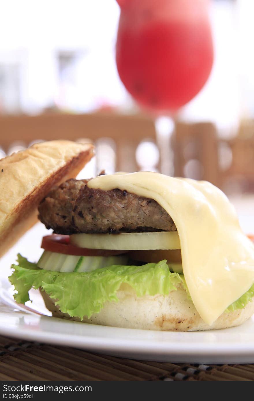 Cheese burger set on dish. Cheese burger set on dish