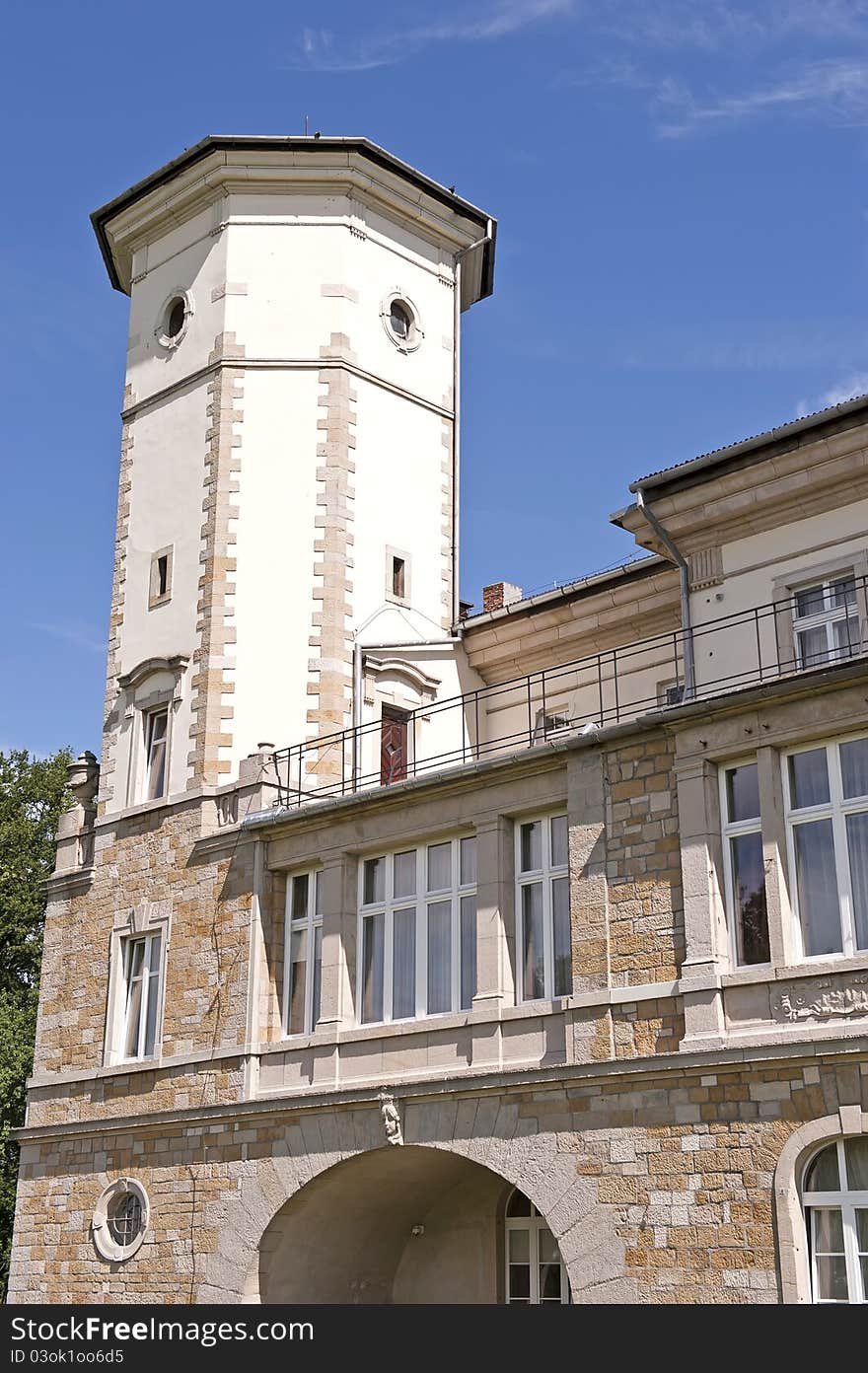 Details of the mansion house with terrace and big tower. Details of the mansion house with terrace and big tower.