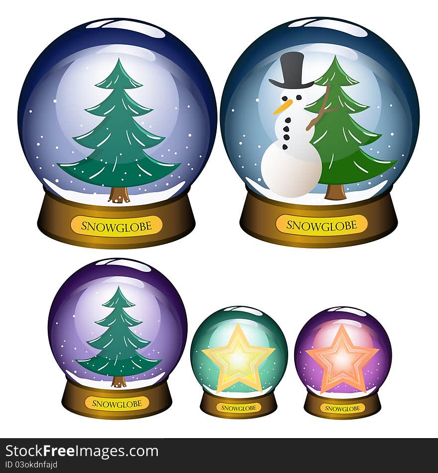 Snowglobes with snowman, christmas tree, stars. Snowglobes with snowman, christmas tree, stars