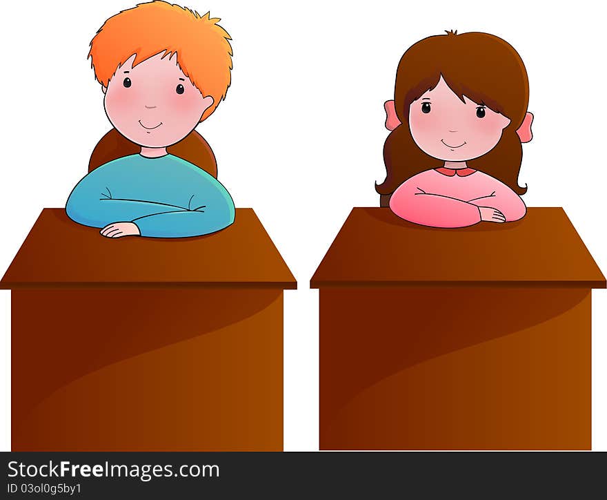 Cute vector illustration with boy and girl sitting at the school desk. Cute vector illustration with boy and girl sitting at the school desk