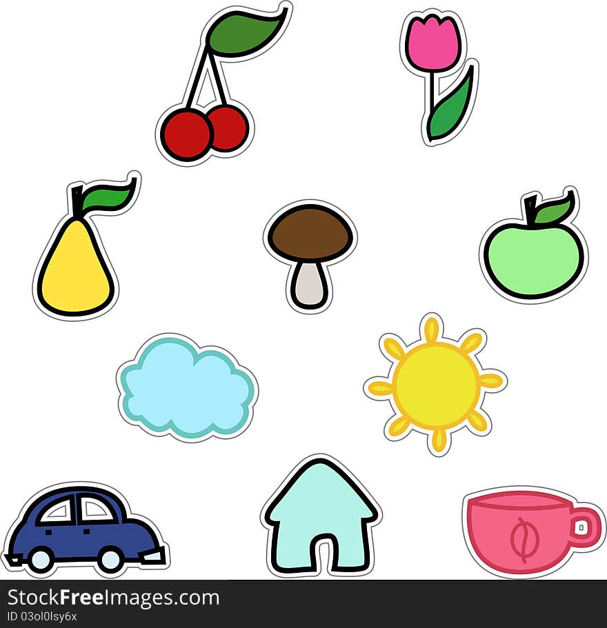 Vector stickers like fruits sun cloud car flower cup mushroom home isolated on white background. Vector stickers like fruits sun cloud car flower cup mushroom home isolated on white background