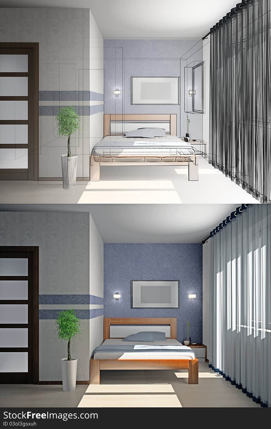 Modern interior of a bedroom room 3D