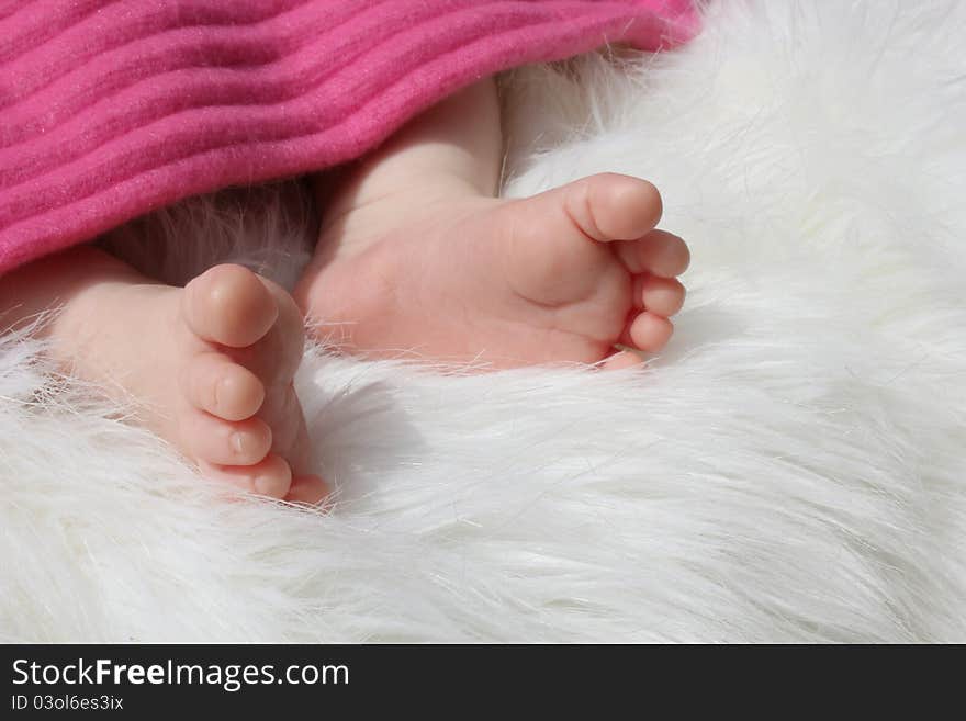 Tiny baby feet under a blanket lying on white fur. Tiny baby feet under a blanket lying on white fur