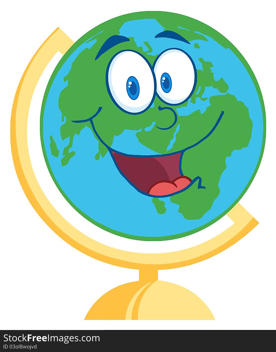 Happy desk globe cartoon mascot character