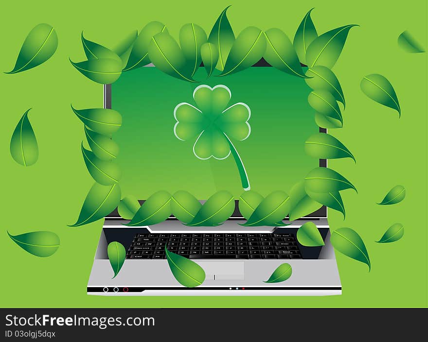 Modern laptop with leaf on green background. Modern laptop with leaf on green background