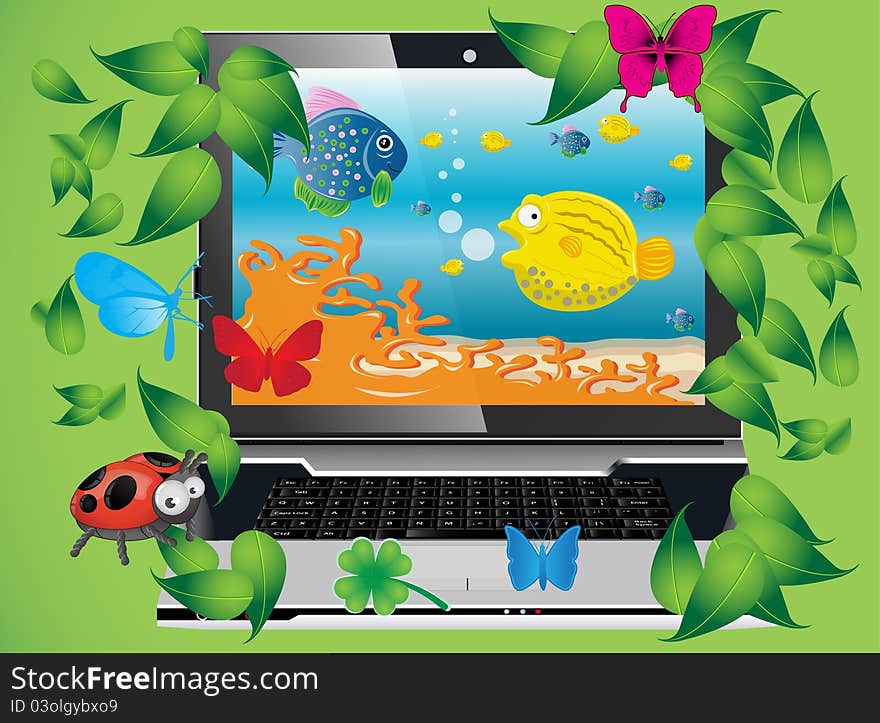 Modern laptop with leaf, ladybug, fish and butterfly. Modern laptop with leaf, ladybug, fish and butterfly