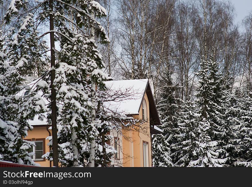 Country House Roof In Winter Landscape