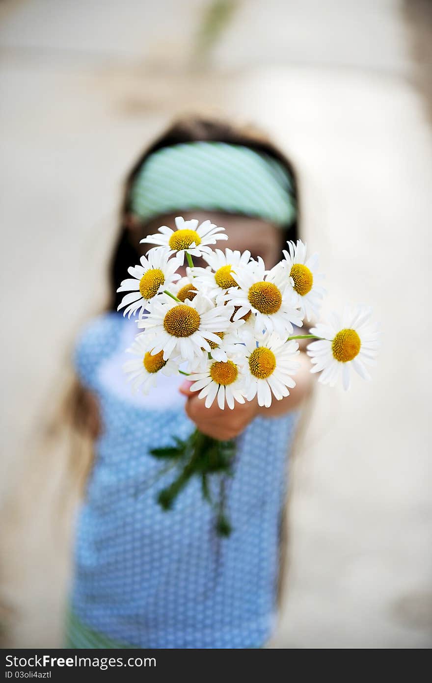 Outdoors portrait of adorable child girl showing daisies. Outdoors portrait of adorable child girl showing daisies