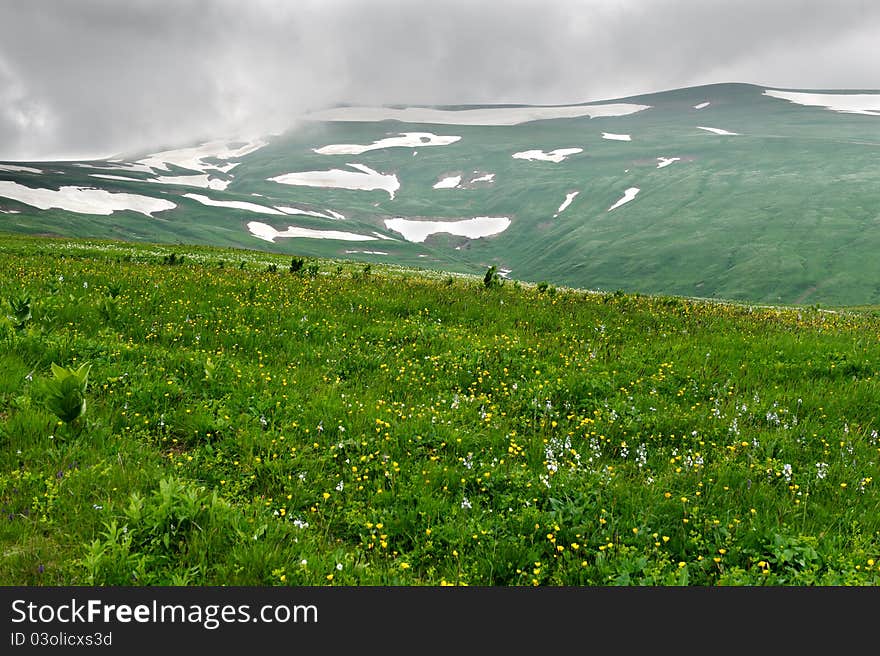 Summer landscape with green grass, mountains and clouds