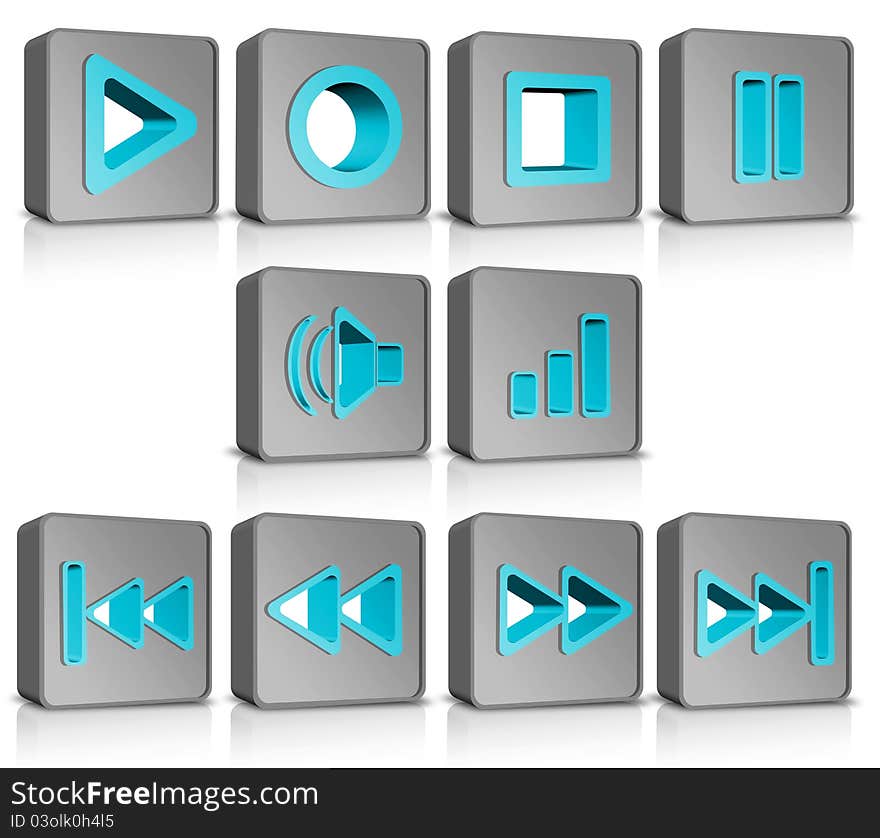 Metal cubes buttons audio-video media controller, illustration 3d. Metal cubes buttons audio-video media controller, illustration 3d