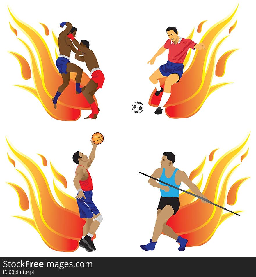 The four types of sports are football, basketball, Thai boxing, javelin on the background of flames.