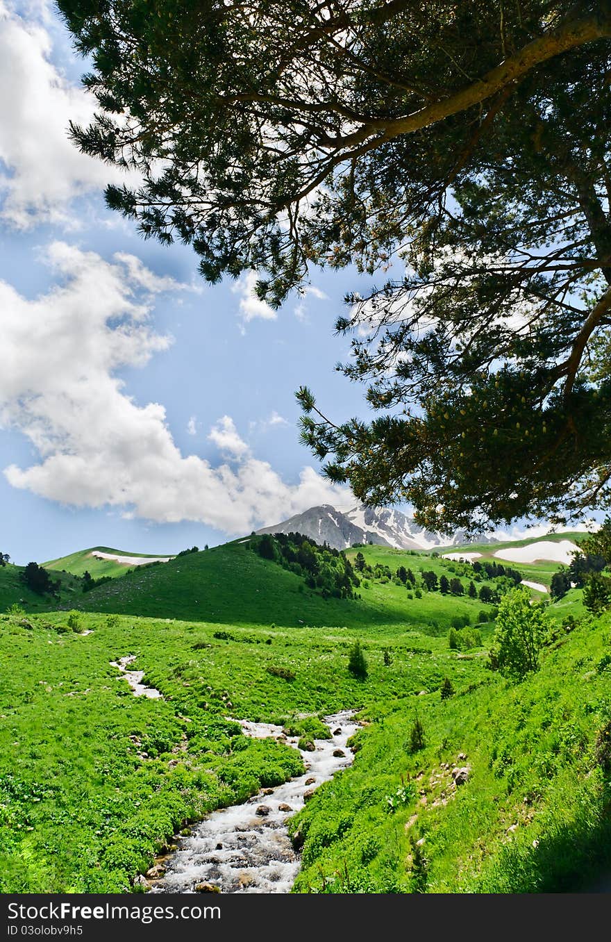 Summer landscape with green grass, mountains and river. Summer landscape with green grass, mountains and river.