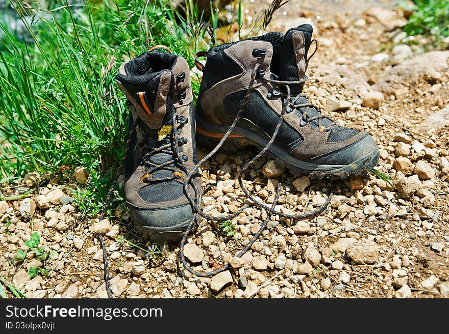 Walking boots in front of a mountain stream in a forest landscape