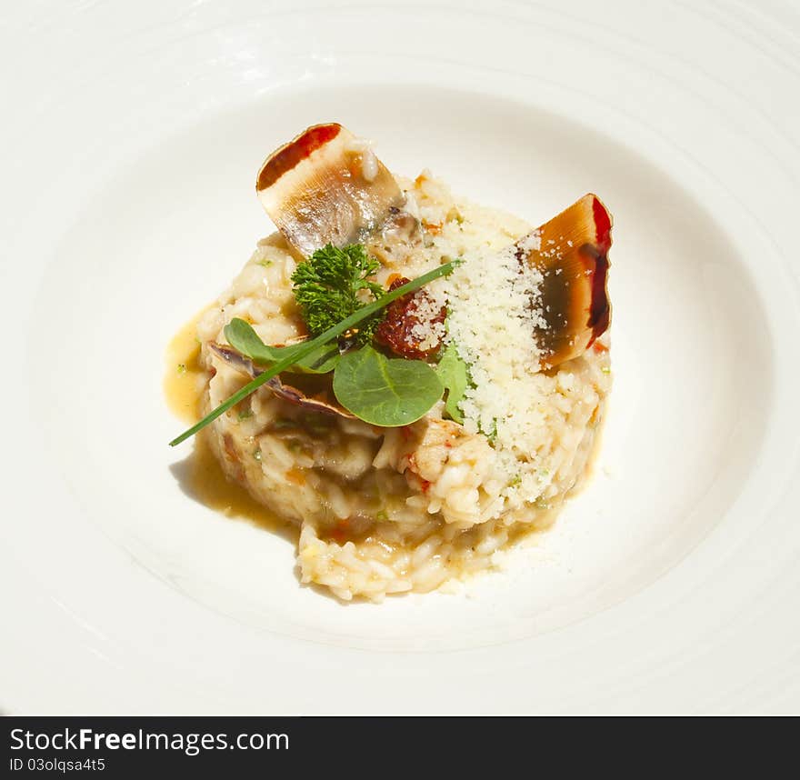 Closeup of risotto with lobsters