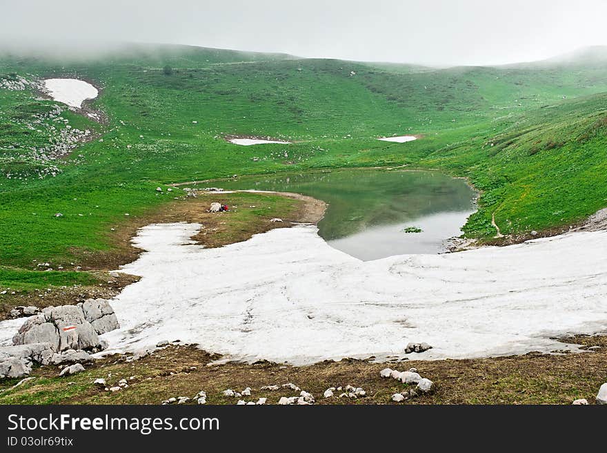 Photo by mountain scenery and a mountain lake. The mountains of North Caucasus