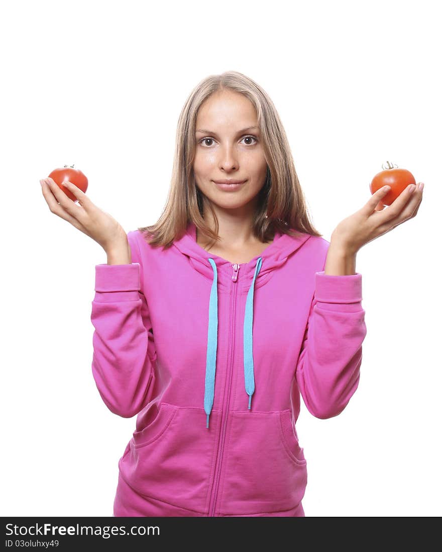 Woman with tomatoes, on white background