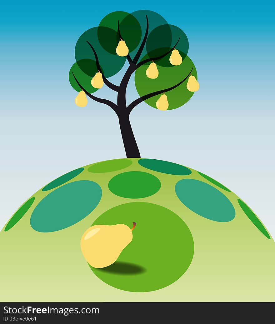 Illustration of pear tree on grass