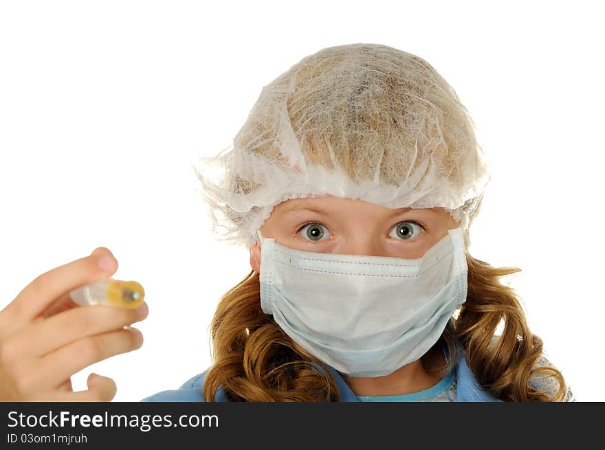 Young doctor with injectionon on a white background