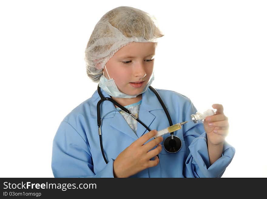 Young doctor  with injectionon, isolated on a white background