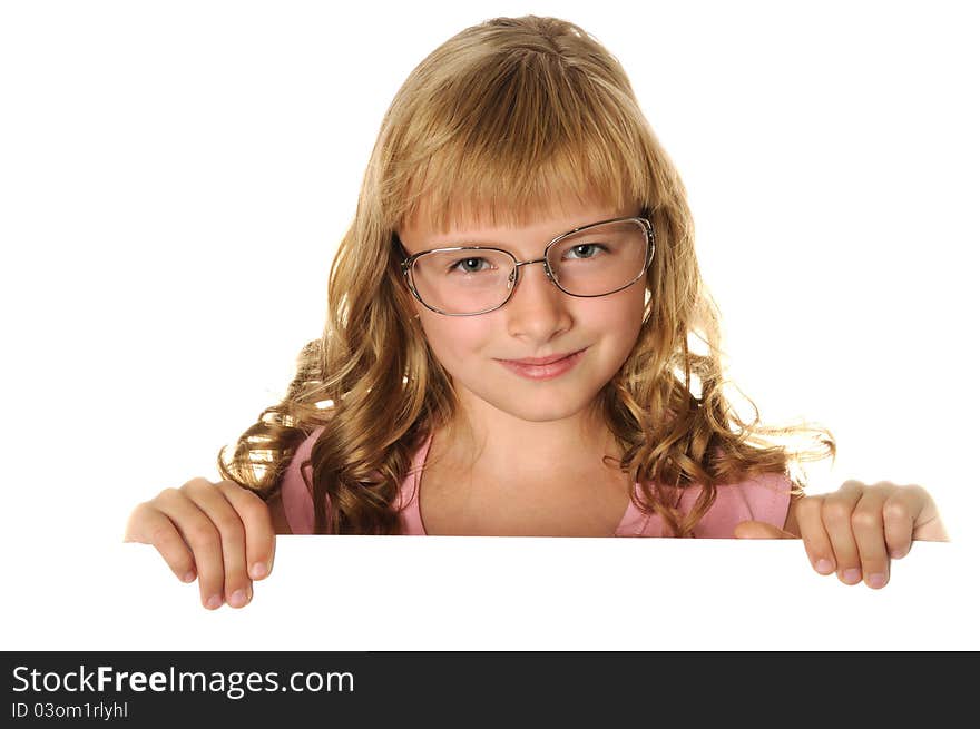 Smiling girl holding white  sheet of a paper, isolated on white. Smiling girl holding white  sheet of a paper, isolated on white