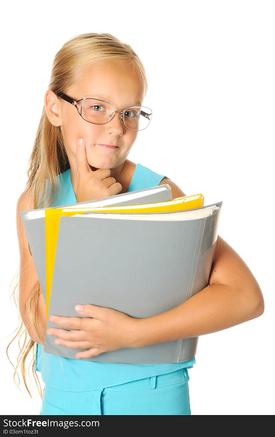 Pretty girl thinking , with the files folders, isolated on white. Pretty girl thinking , with the files folders, isolated on white