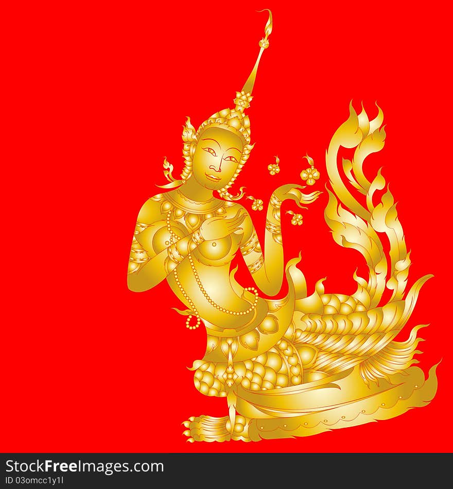 Kinnaree art ( Lai thai ) on red background