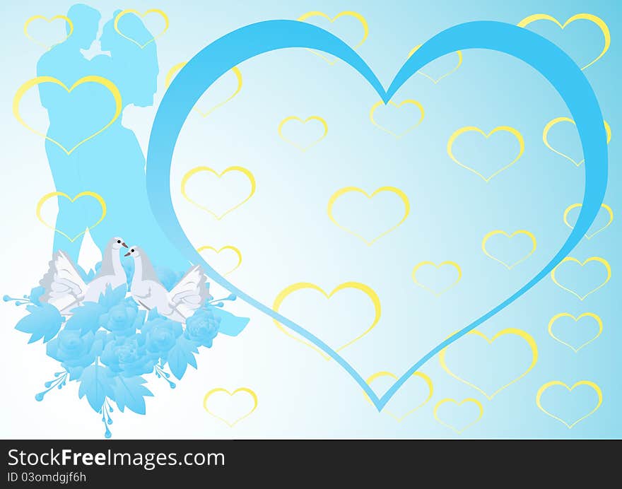 The groom, the bride and two white doves. Abstract heart on a blue background. The groom, the bride and two white doves. Abstract heart on a blue background.