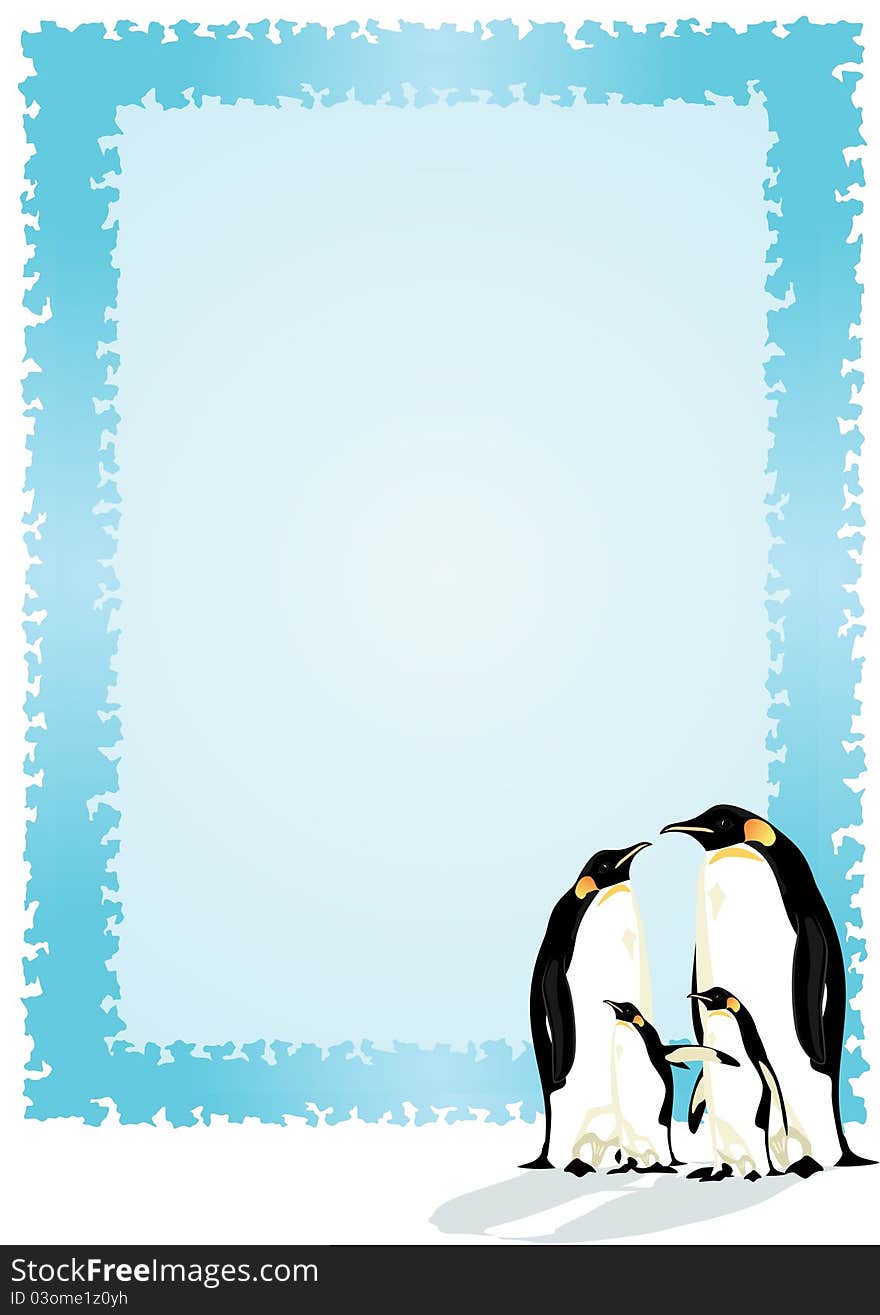 Family of penguins. Two adults and two chicks penguin on the background of a blue frame.