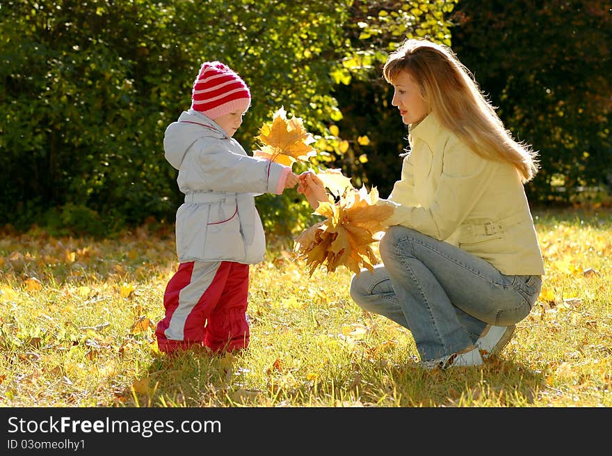 Young women and child collect autumn sheets in park. Young women and child collect autumn sheets in park