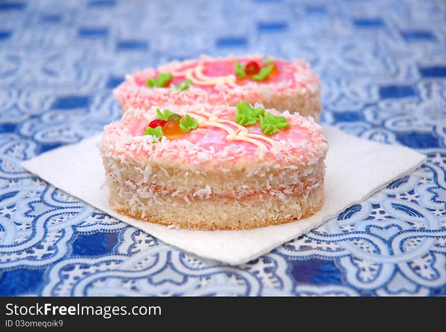 Two tasty beautiful cakes in cafe